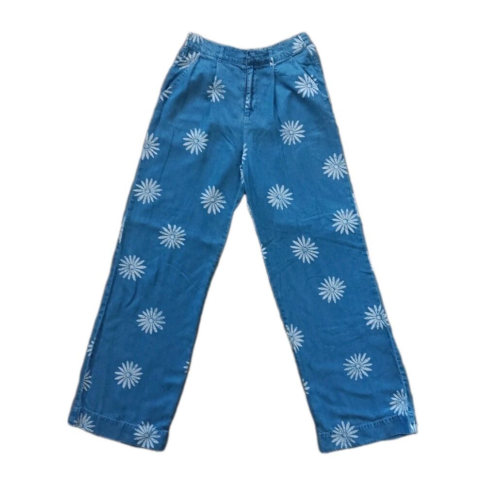 Splendid X Margherita Pants Women Small Blue Wide Leg Daisy Print Chambray Boho